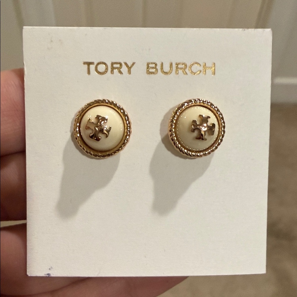 Tory Burch Gold and Cream Button Earrings